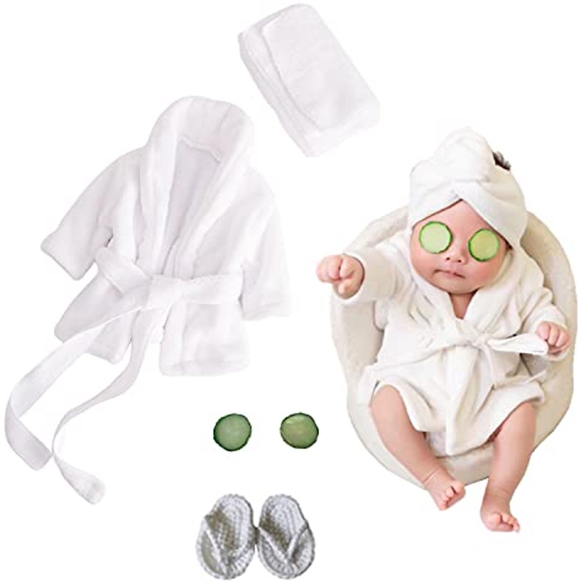 Image of 5 stuks pasgeboren fotografie outfits voor baby's, badjassen en pantoffels, geschikt voor 0-6 maanden