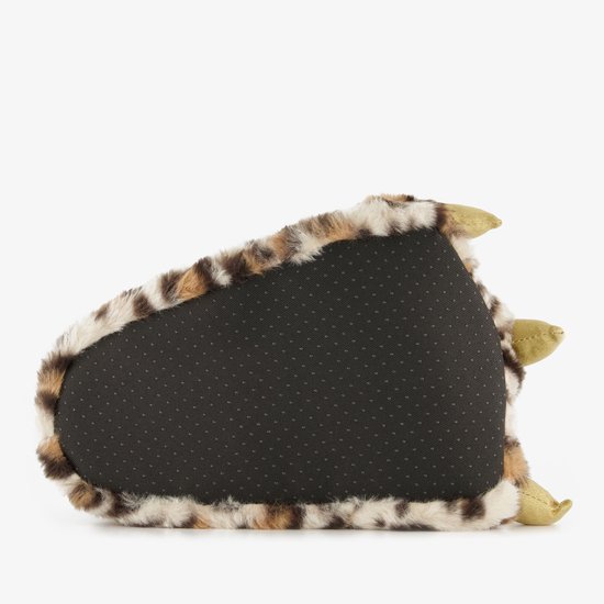 Onderkant van een beige pantoffel met panterprint, met anti-slip zool.