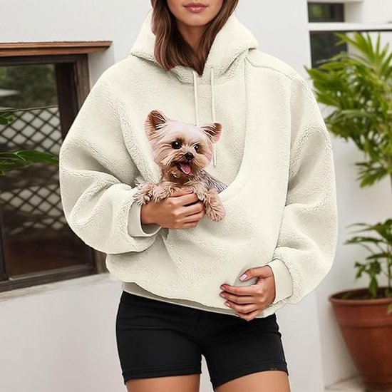 Crème effen teddy hoodie met capuchon met een Yorkshires terriër in de buidelzak.