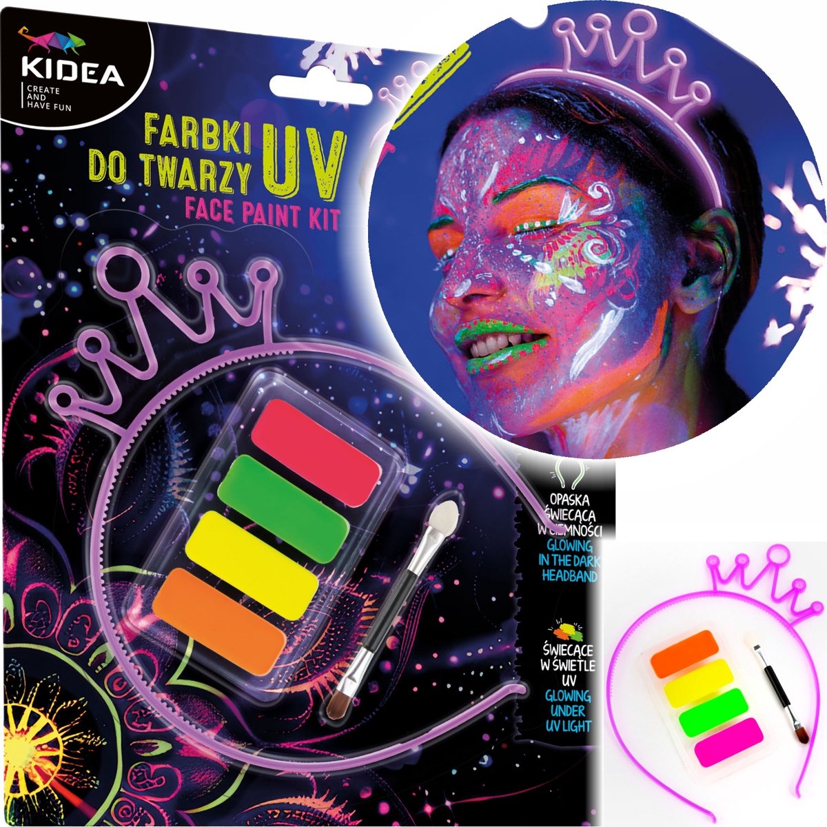 Kidea UV Glow Face Paint Set - 4 Kleuren + Haarband