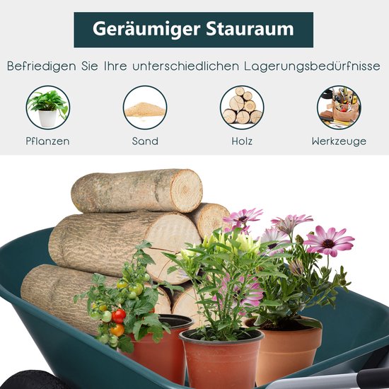 COSTWAY Kruiwagen met 2 wielen, 75 l, schuifwagen, 100 kg draagkracht, metalen frame, transportwagen voor tuin, tuinkar met rubberen handgreep, bouwkruiwagen, tuinkruiwagen (groen) van Merkloos	 — afbeelding 5