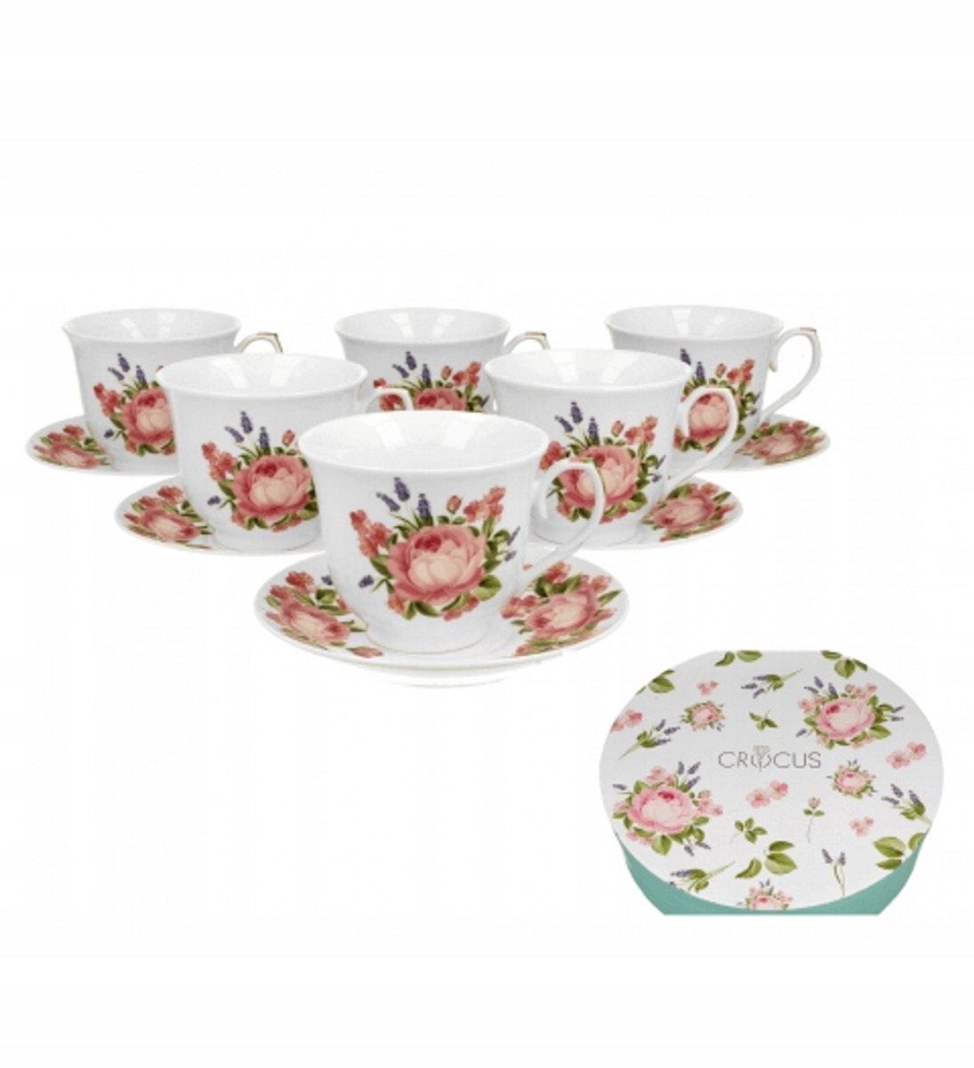 Set van 6 Porseleinen Kopjes met Schotels, 250ml, Bloemendecor