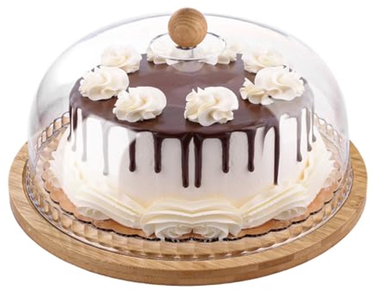 Taartstandaard met Koepeldeksel - Houten Basis & Acryldeksel voor Taarten en Desserts