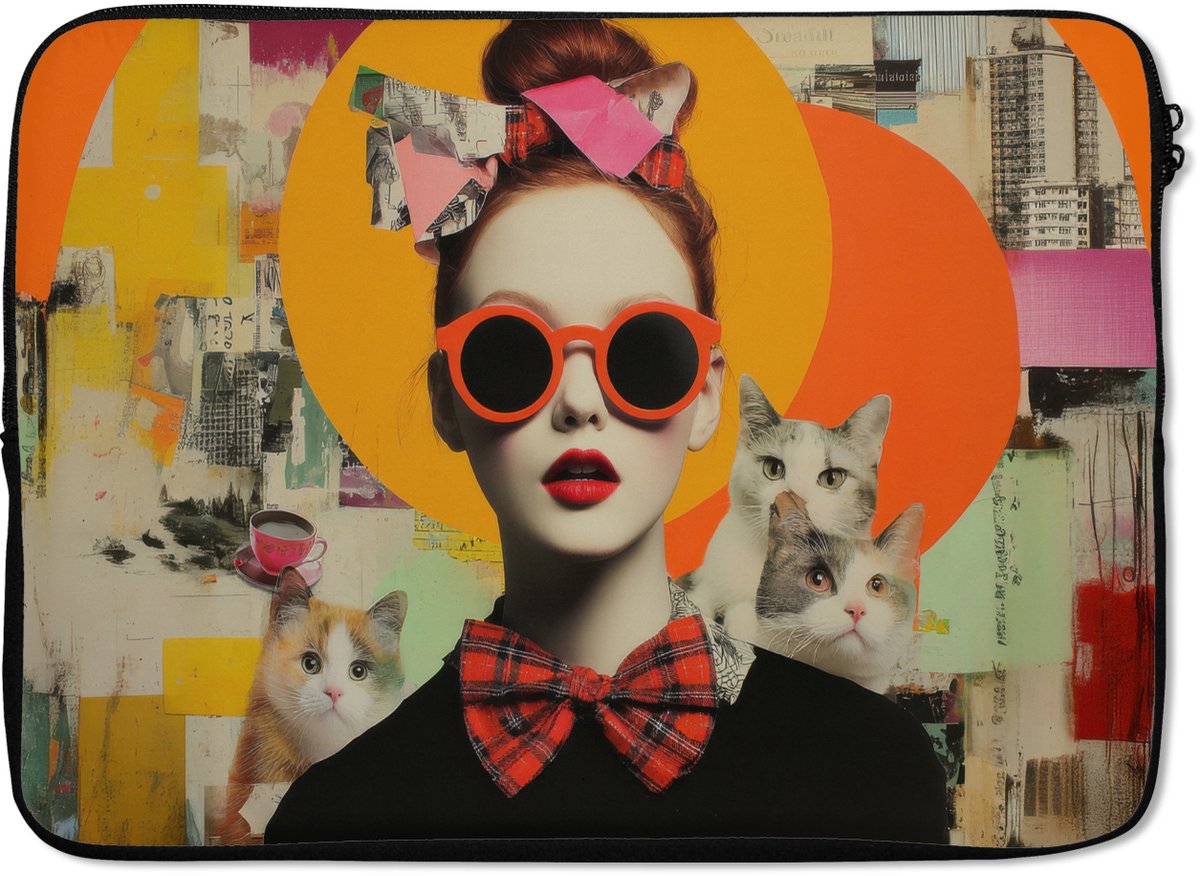 Laptophoes 13 inch - Vrouw - Bril - Strik - Retro - Laptop sleeve - Binnenmaat 32x22,5 cm - Zwarte achterkant