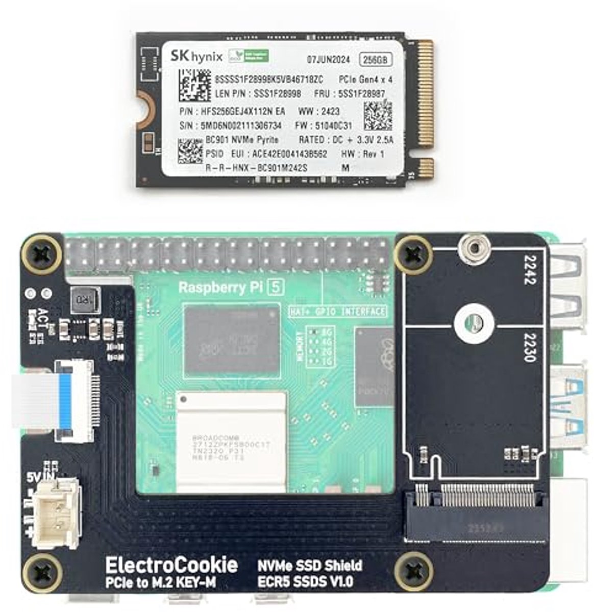 M.2 NVMe SSD-kit voor Raspberry Pi 5 met PCIe HAT en 256 GB SSD