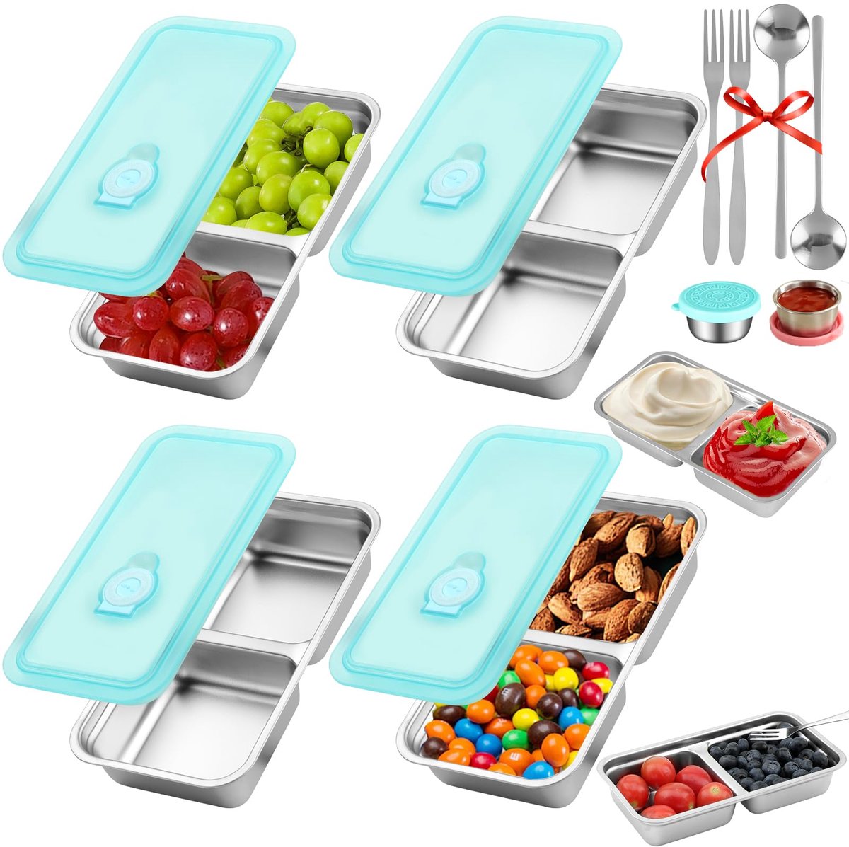 Unyqoos® Set van 4 herbruikbare roestvrijstalen snackhouders met dubbel vak en bestek