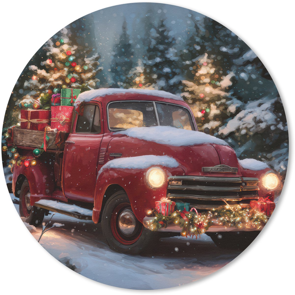 Muismat rond 40x40 cm - Mousepad Kersttruck - Sneeuwbos - Rood - Ronde muismatten