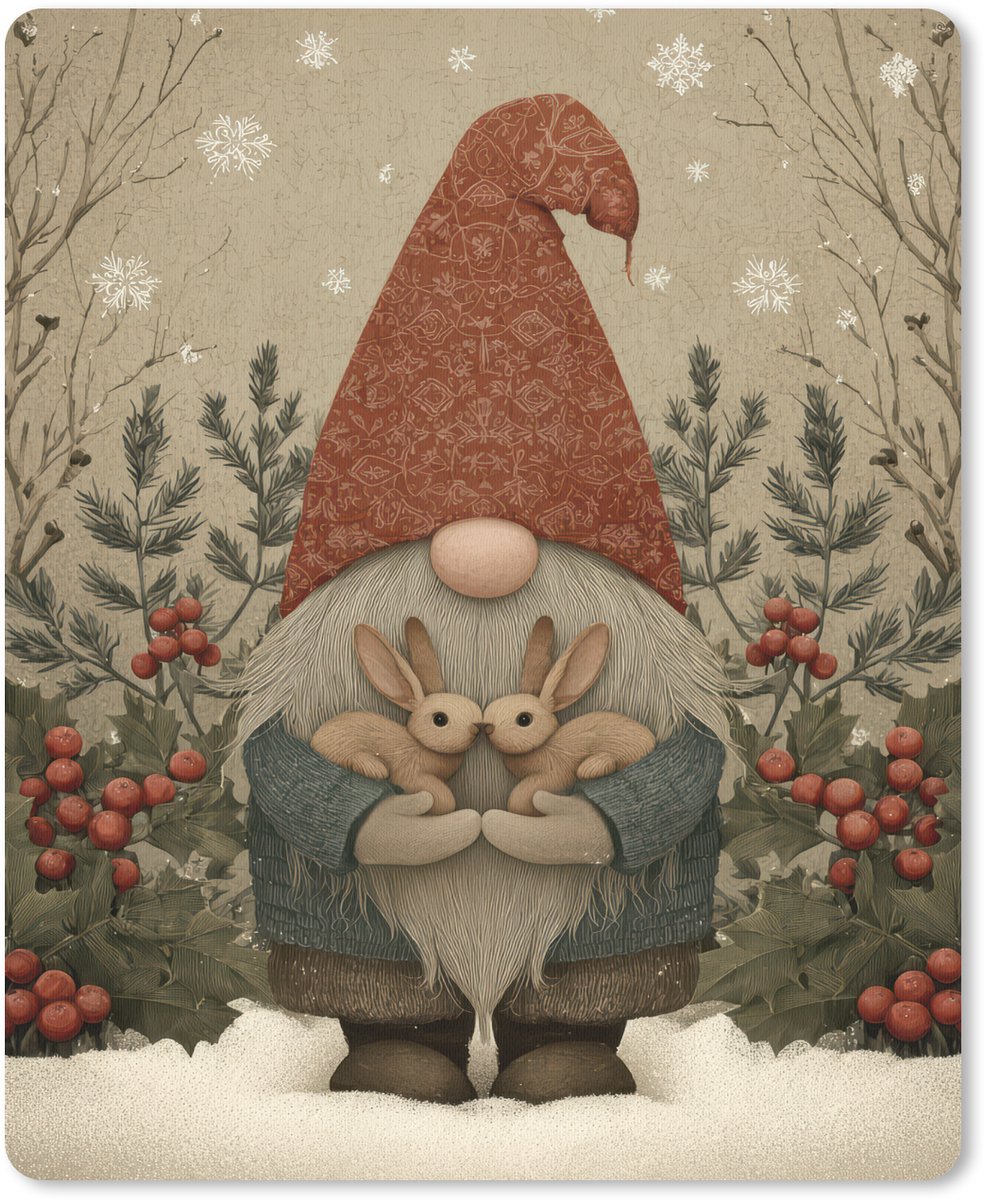 Muismat 19x23 cm - Mousepad Kerstgnome - Konijntjes - Kleurrijk - Muismatten