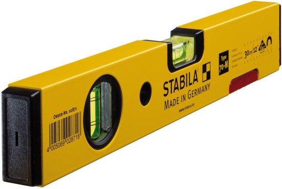 Gele Stabila waterpas, 30cm, met rode gripvlakken en een horizontale waterpas.