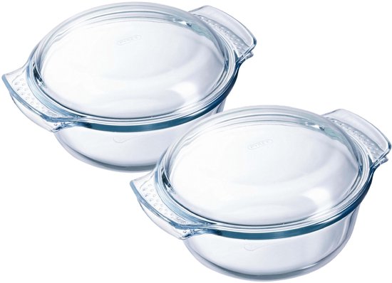 Plat à four / rôtissoire Pyrex 1,3 litres - 2x - rond avec couvercle - verre - 18 x 10 x 21 cm