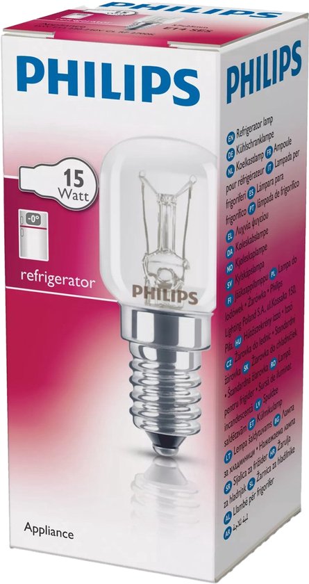 Philips koelkastlamp, 15 Watt, helder glas, E14 fitting, met schroefdraad.