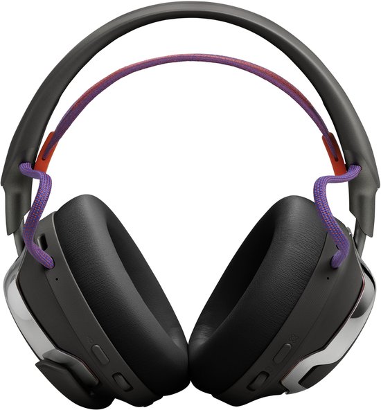 Zwarte JBL gaming headset met paarse touwtjes en chrome rand.