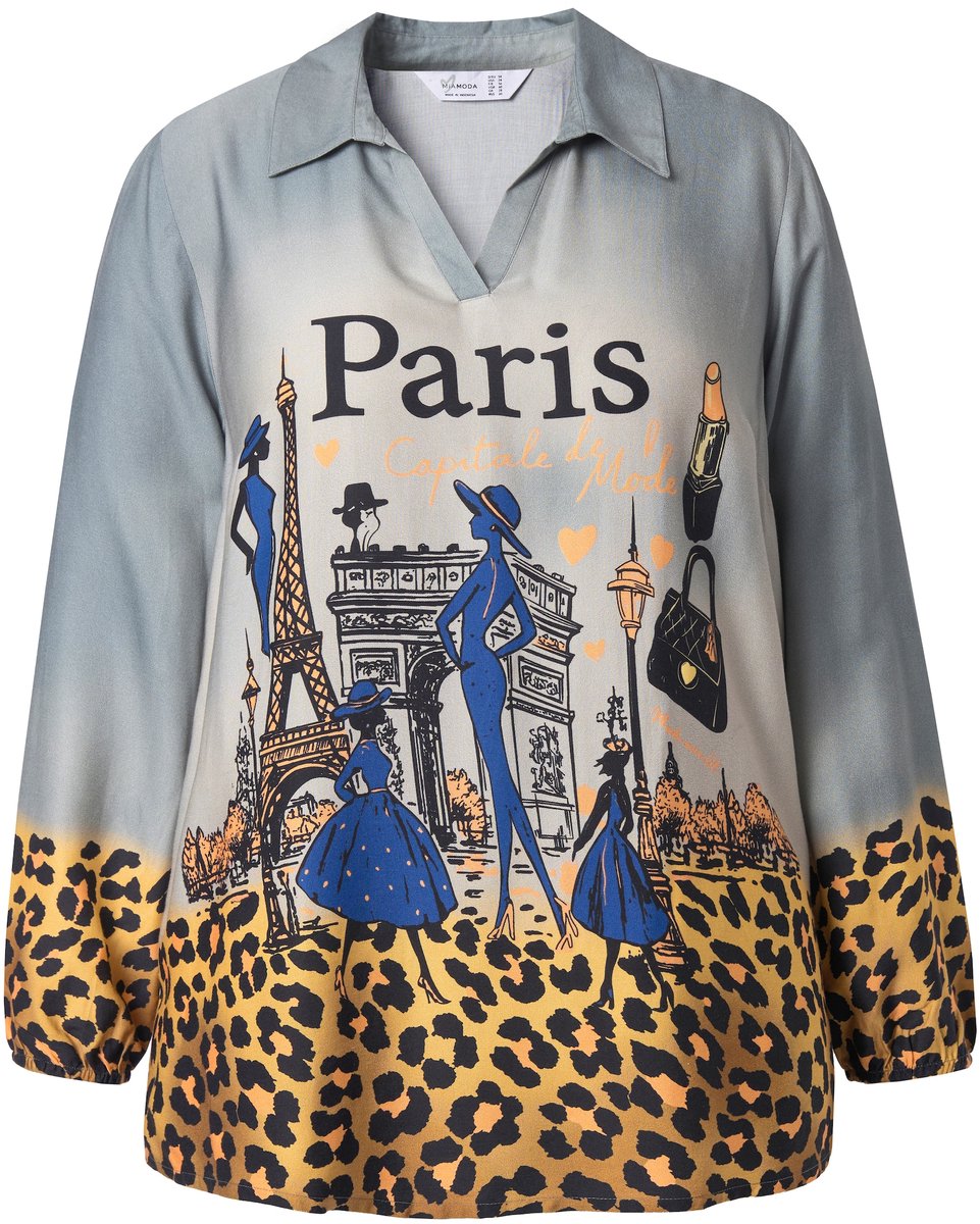 MIAMODA - Dames - Tuniekblouse A-lijn Paris-print leo-randen lange mouw - Off-white - Maat 52