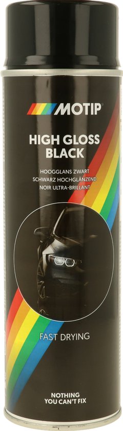 Aérosol de laque noire brillante Motip. Sèche rapidement avec une voiture réfléchissante.