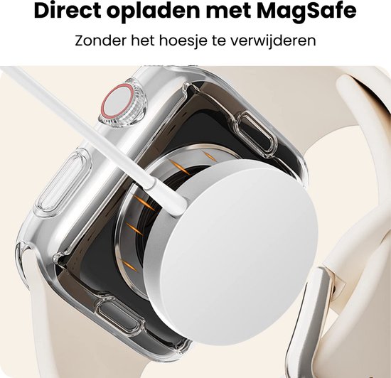 Transparante Apple Watch case met beige band, wordt direct opgeladen met MagSafe zonder hoesje te verwijderen.