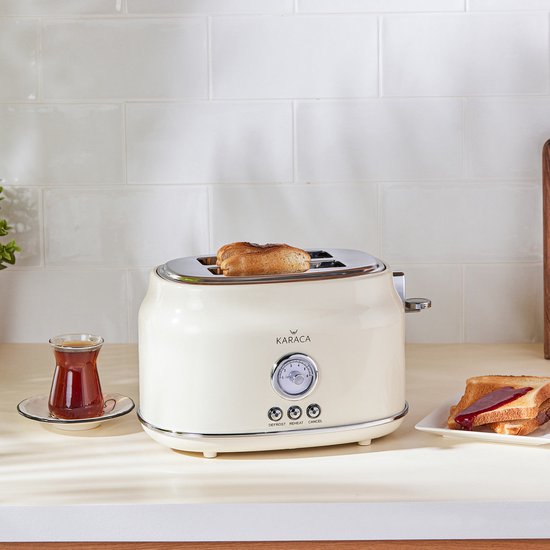 Karaca Retro Broodrooster – 2 Sneden – Crème – 815W – Met Ontdooifunctie