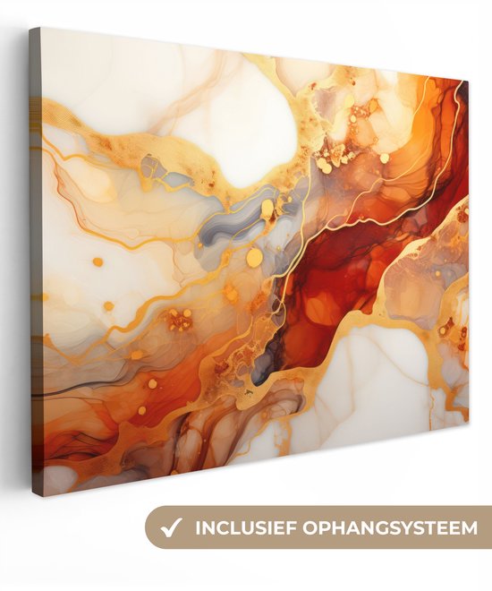 Canvas schilderij 160x120 cm - Wanddecoratie Marmer - Oranje - Goud - Modern - Abstract - Muurdecoratie woonkamer - Slaapkamer decoratie - Kamer accessoires - Schilderijen op canvas