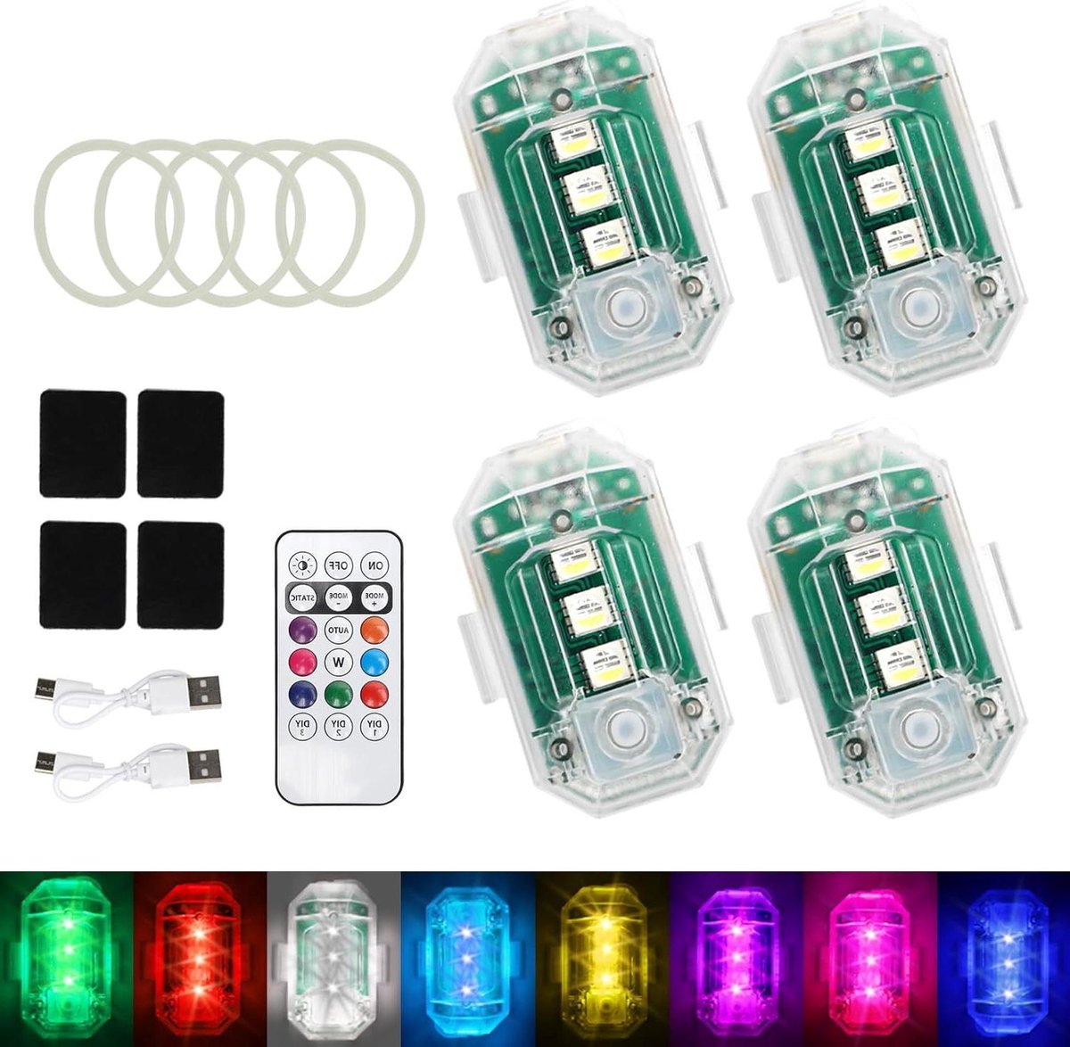 4 LED flitslichten met afstandsbediening voor voertuigen - Set van 4 - Gebruik voor auto, drone, vrachtwagen - 8 kleuren - Zeer helder - Draadloos