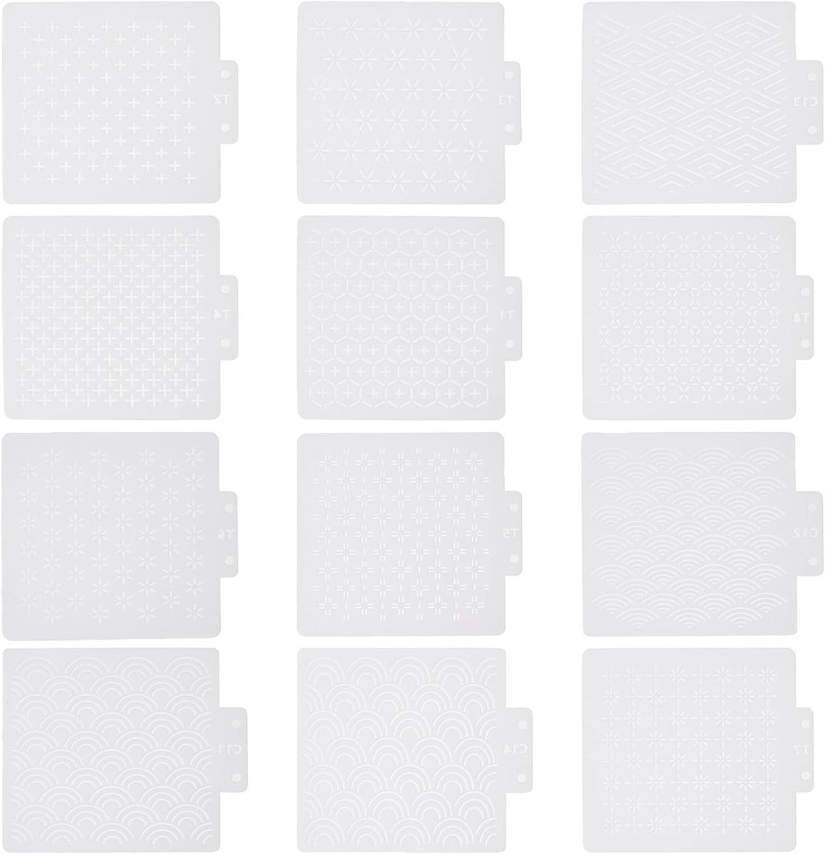 JHubers Goods - 12-delige set plastic Sashiko sjablonen voor handquilten - Geometrisch wit patroon - 6,5" x 6,3" - Naaien en borduren - Patroon stabilisatoren - Quilten sjabloon.