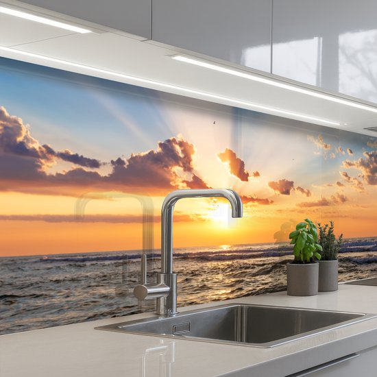 Keuken achterwand 300x80 cm - Spatscherm zelfklevend Strand - Zonsondergang - Zee - Wolken - Horizon - Muurbeschermer - Spatwand fornuis