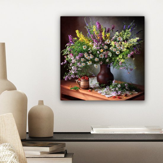Tableau sur toile Fleurs - Tableau - Nature morte - Bouquet - Vase - 20x20 cm - Décoration murale