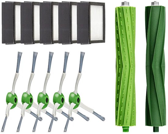 Set met 5 HEPA-filters, 5 zijborstels met grijze borstelharen en 2 groene rubberen rolvegers.