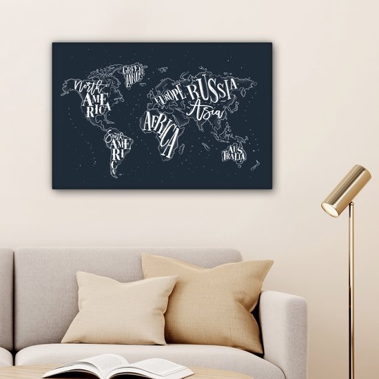 Peintures Toile Wereldkaart - Zwart - Wit - Lettres - 60x40 cm - Décoration murale