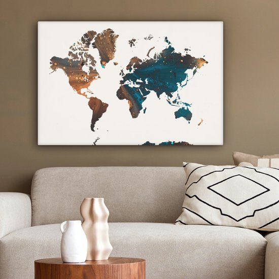 Wereldkaart en peinture bleu foncé et orange sur fond rose 60x40 cm