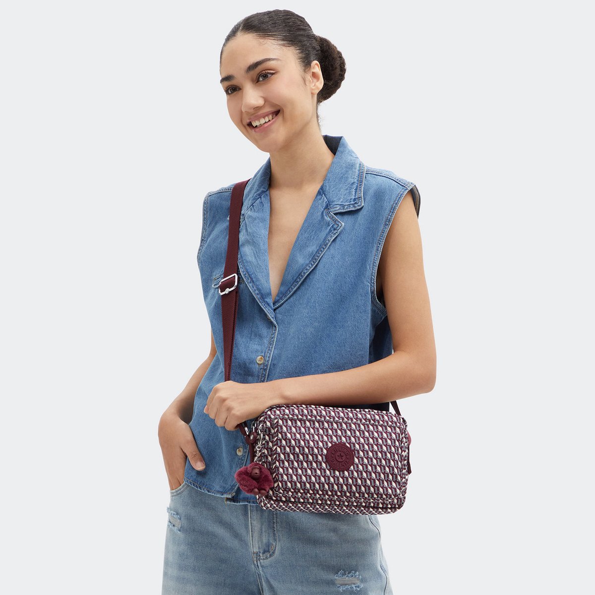 kipling schoudertas Basic Print Abanu Crossbody 3DK Wine wijnrood