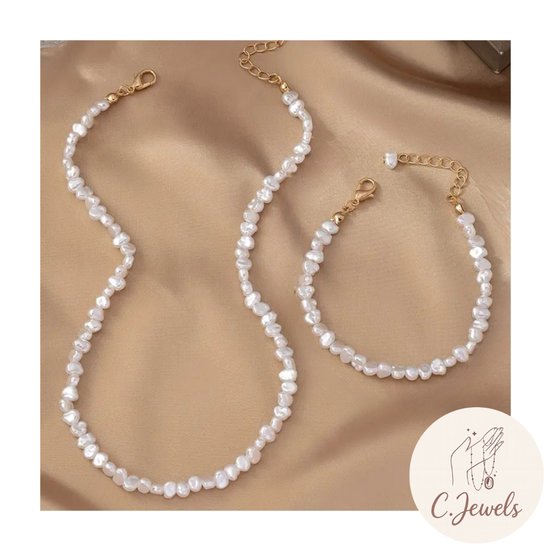 Collier et bracelet - Set de perles - Ajustable - Wit - Or - Elegant et intemporel - Femme