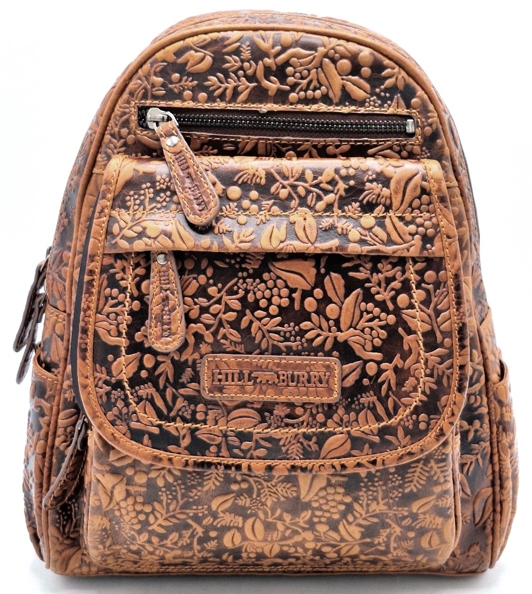 HillBurry Leren Rugzak met Bladeren Reliëf - Bruin - h30 cm x b25 cm x d10 cm
