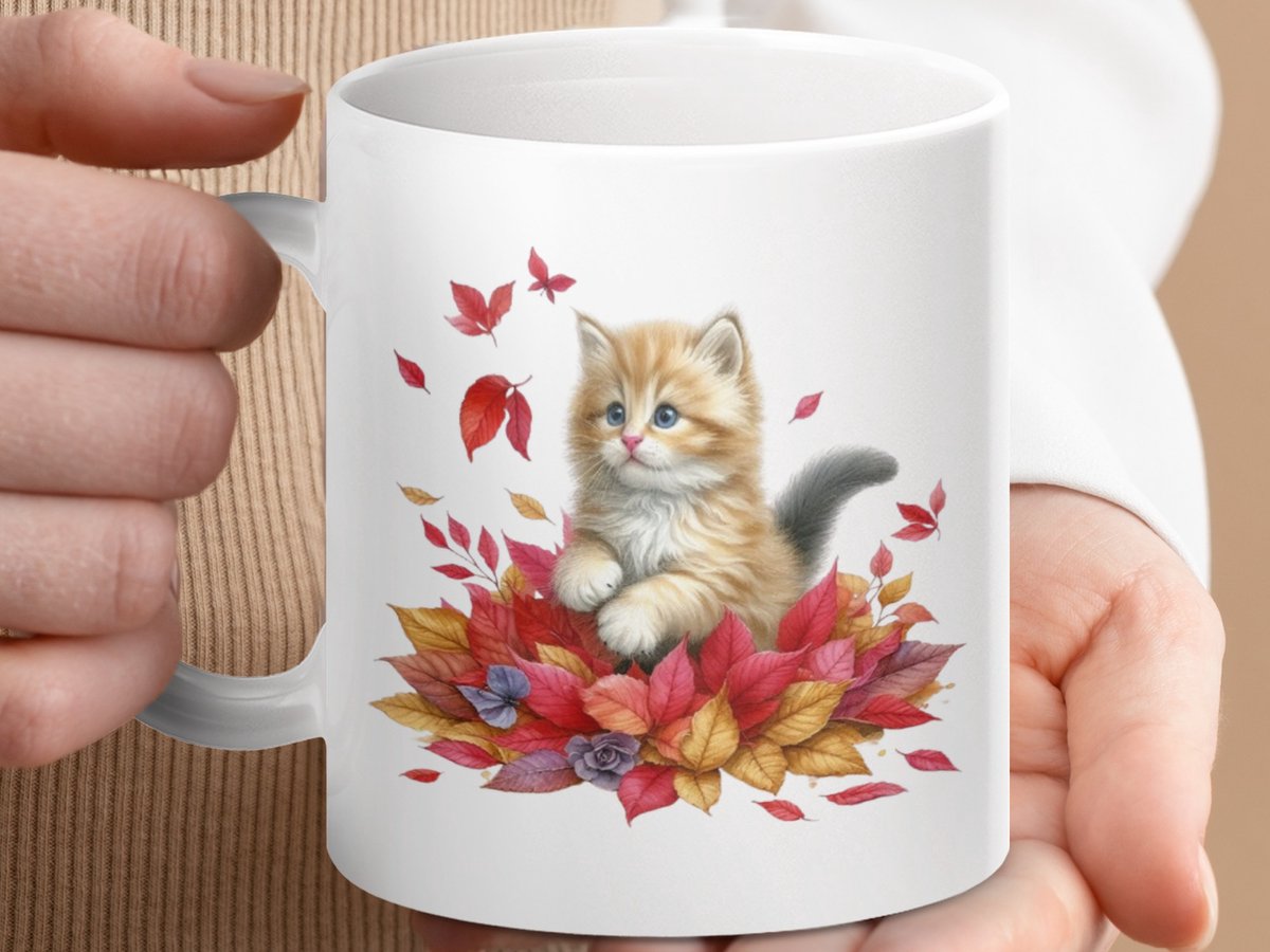 Mok met herfst kitten, schattige katten mok, herfst thema mok, dieren mok, cadeau idee