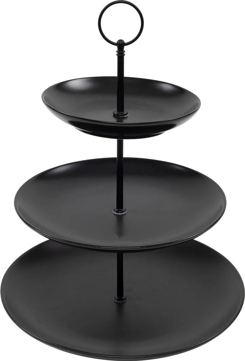 Cookinglife Etagère Zwart – Ø 16, 21 & 26 cm – 3-Laags – 32 cm Hoog – Compacte Zwarte Etagère met Modern Design – Perfect voor High Tea of Gebak – Stijlvolle Presentatie voor Elke Gelegenheid