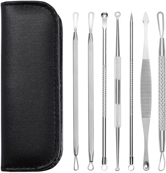 7 stuks Mee Eters Verwijderen - Blackhead remover - Comedonenverwijderaar - Verwijderen van mee-eters en whiteheads - Geschikt voor gezicht en neus - Zilver