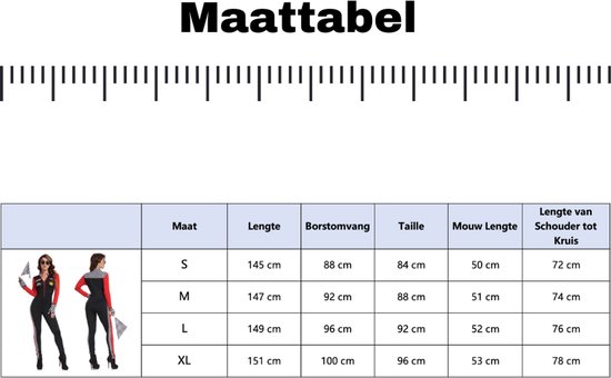 Maattabel voor een dames jumpsuit met illustraties en afmetingen.