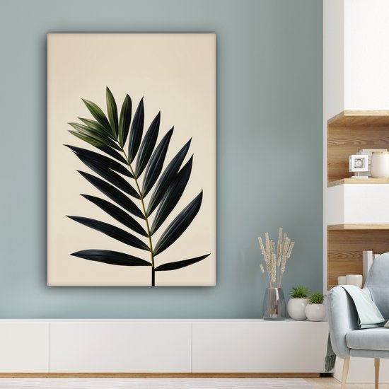 Canvas schilderij 80x120 cm - Wanddecoratie Palmblad - Donkere bladen - Subtiel - Muurdecoratie woonkamer - Slaapkamer decoratie - Kamer accessoires - Schilderijen op canvas