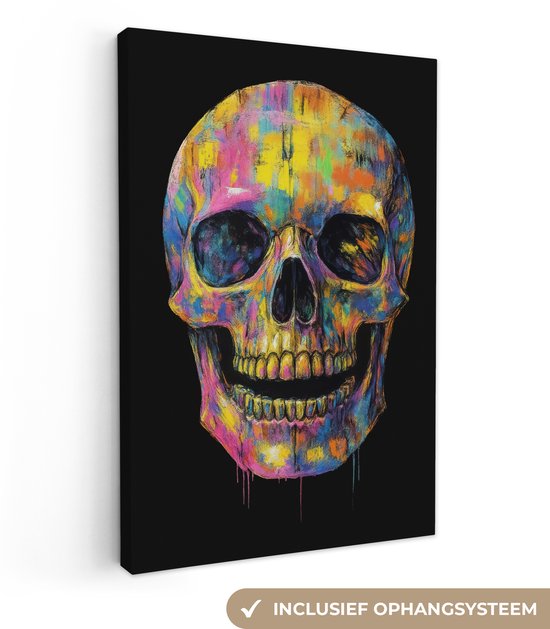 Abstract schilderij van een kleurrijke schedel, inclusief ophangsysteem.