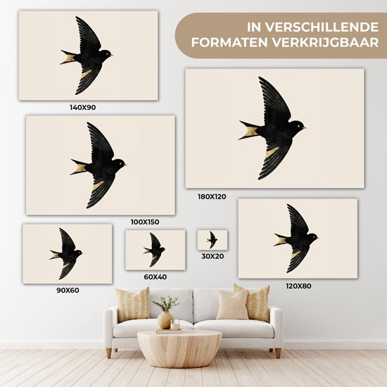 Canvas schilderij 120x80 cm - Wanddecoratie Zwarte zwaluw - Gouden accenten - Lichte achtergrond - Muurdecoratie woonkamer - Slaapkamer decoratie - Kamer accessoires - Schilderijen op canvas