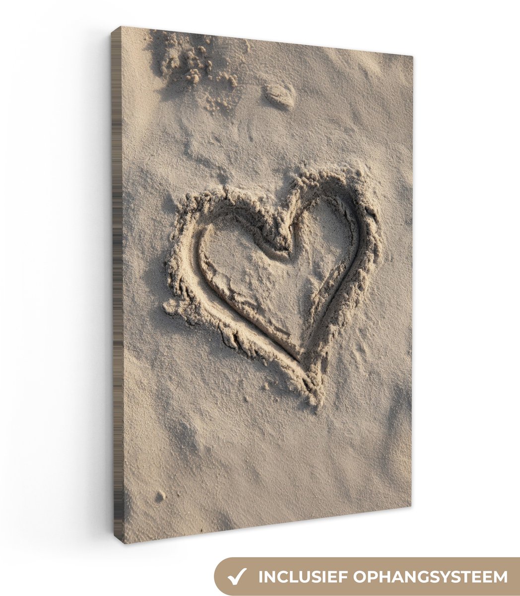 Canvas schilderij 120x180 cm - Exclusieve wanddecoratie Hartvorm - Getekend - Beige - Zand