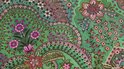Close-up van een groen dekbedovertrek met een veelkleurige paisley print met bloemen.