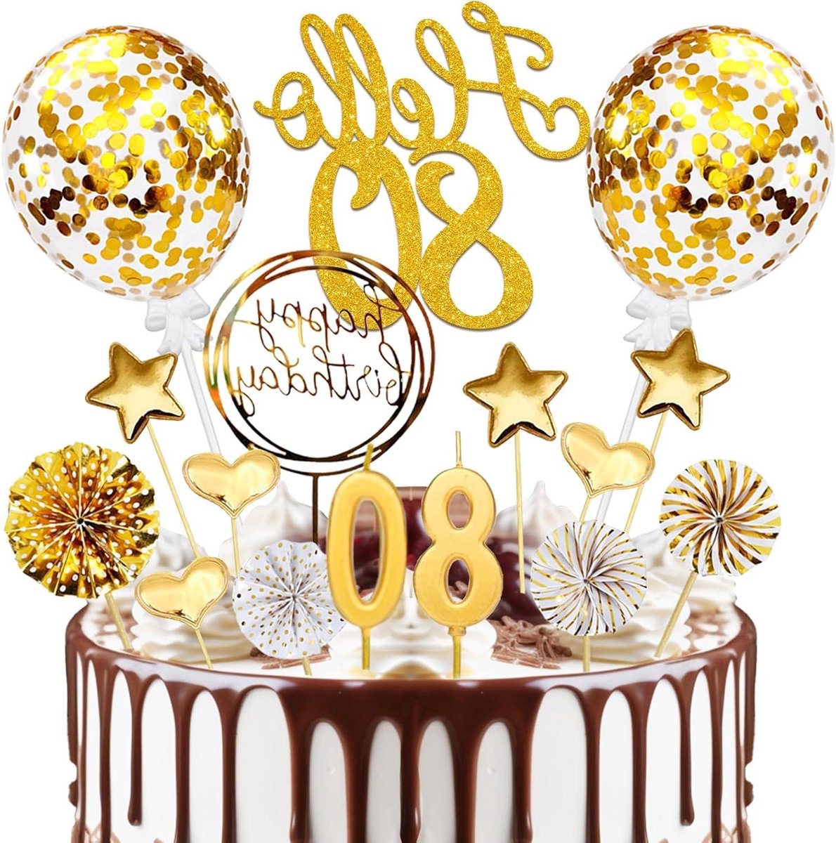 Provento - Taartdecoratie 80e verjaardag, gouden taarttoppers, verjaardagskaarsen