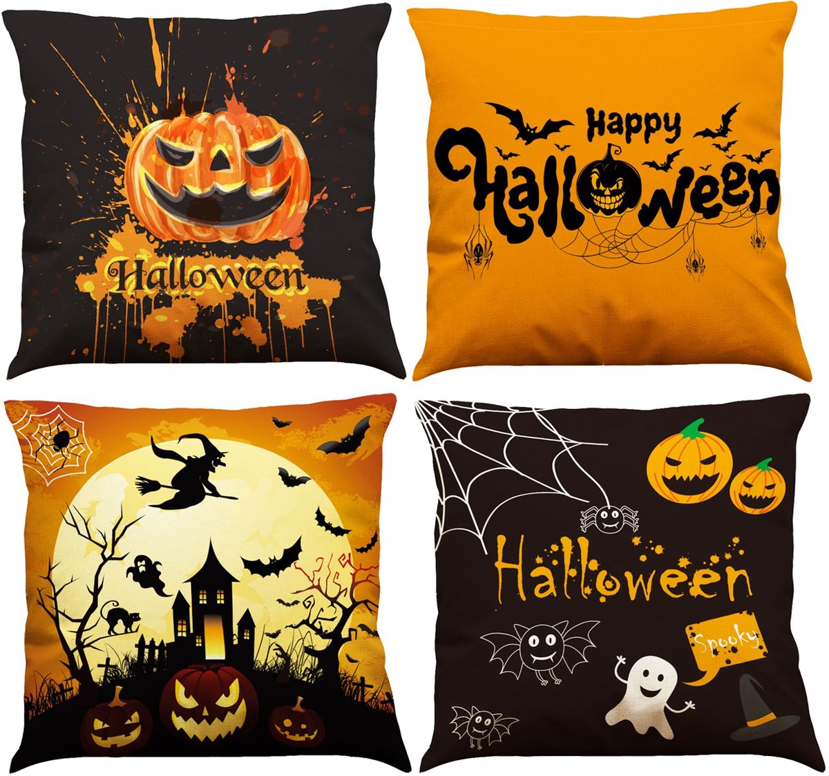 Unyqoos Set van 4 Halloween Kussenslopen met Unieke Motieven voor Binnen en Buiten Kleurjik