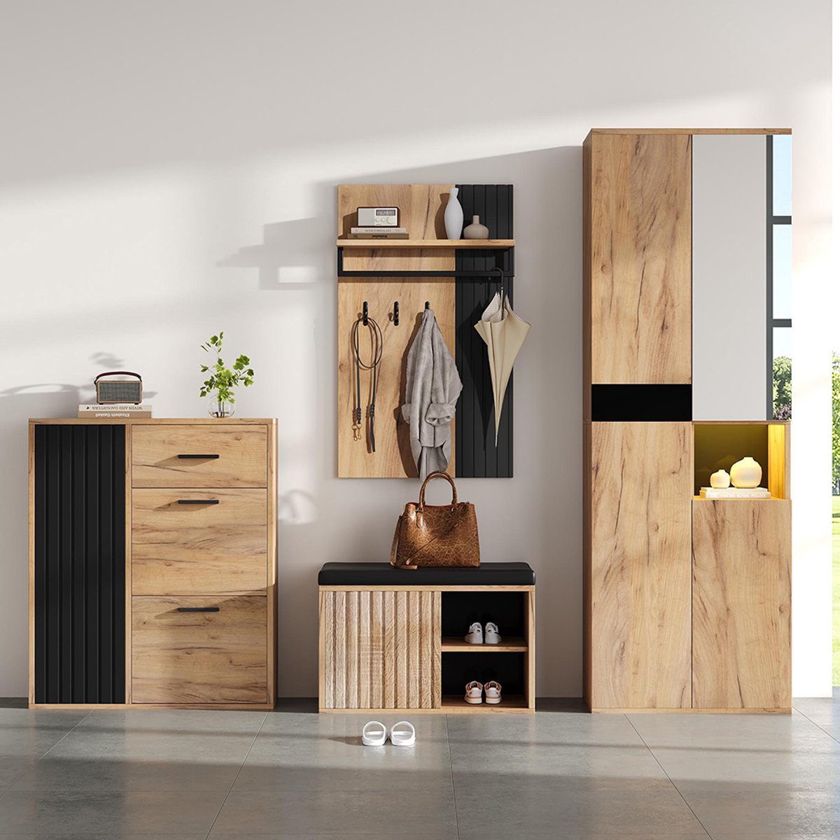 Pugsdrly Garderobeset Wandgarderobe, 4-delige set bestaande uit een kast, een schoenenkast, een schoenenbank en een garderobe; kleur: naturel hout en zwart