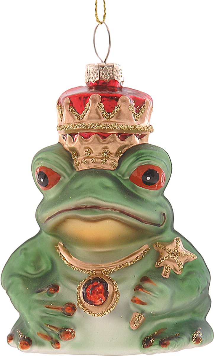 Viv! Christmas Kerstornament - Kikker met Kroon - glas - groen rood - 10cm
