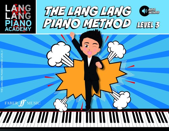 Een geanimeerde jongen in een zwart pak met een witte blouse, met gebalde vuist omhoog. Achter hem staat "The Lang Lang Piano Method Level 3" met een piano keyboard onderaan.