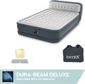 Grijs Intex luchtbed met ingebouwde pomp, draagtas en handleiding.