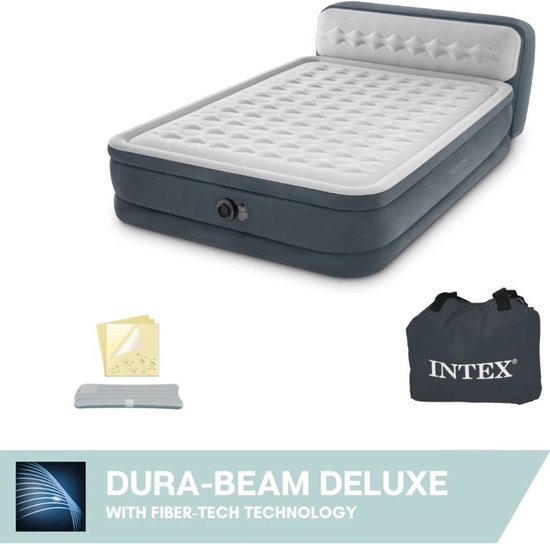 Grijs Intex luchtbed met ingebouwde pomp, draagtas en handleiding.