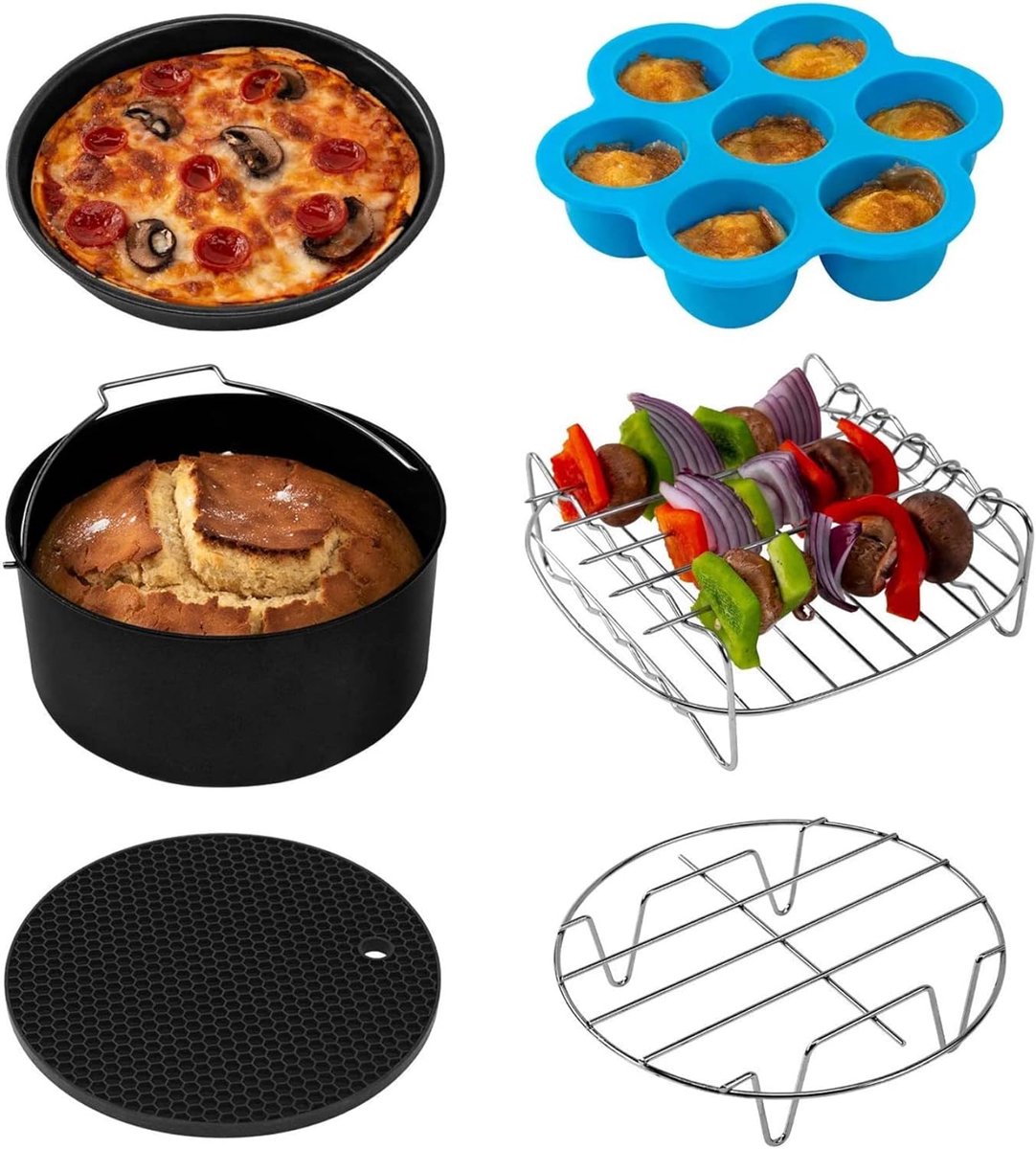 Luchfriet Accessoireset voor Alle Merken - 6 Delig Inclusief Cakevorm, Pizza Pan, Metalen Houder, Multifunctioneel Rek met Spiesjes, Siliconen Mat en Ei Bijten Vorm
