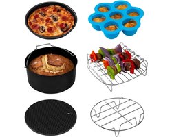 Airfryer accessoireset, geschikt voor alle merken 5,5 l, 6 stuks inclusief taartpan/pizzapan, metalen houder/multifunctioneel rek met spiesjes/siliconen mat/eierbetenvorm met deksel