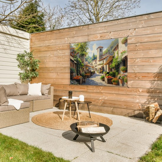 Affiche de jardin 120x80 cm - Décoration de jardin Village - Soleil - Écuries - Maisons - Affiche pour le jardin - Décoration extérieure - Tableau de jardin clôture - Décoration murale en tissu de jardin - Décoration murale en tissu de balcon
